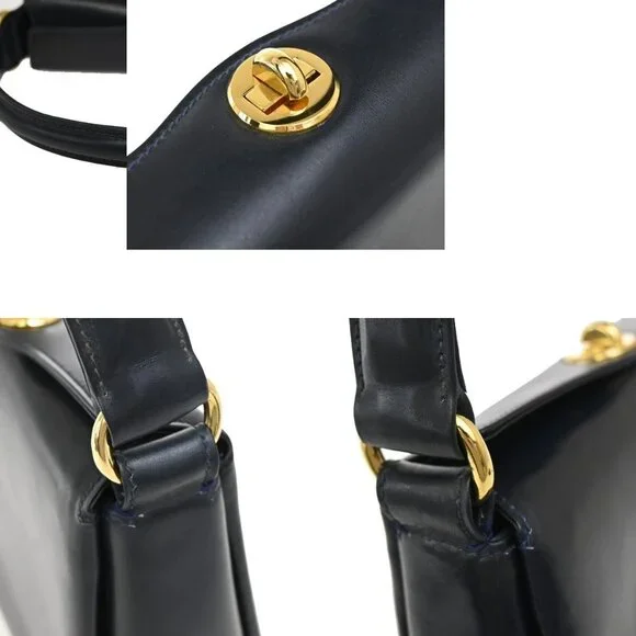 GUCCI Logo Shoulder Hand Bag Leather Navy Blue GHW Italy 35KB070